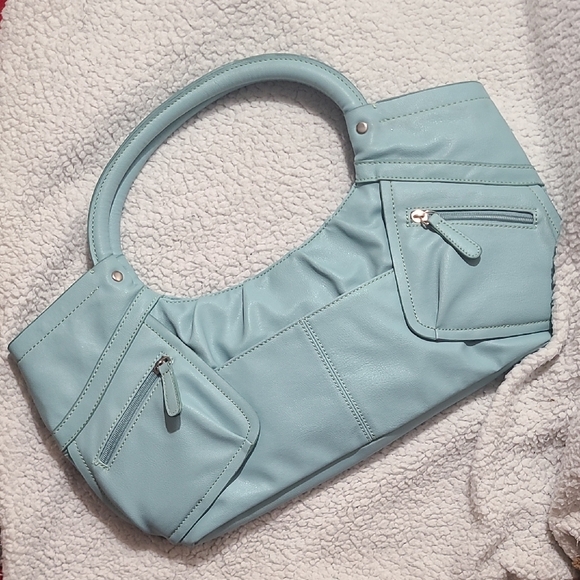 Y2K Blue Faux Leather Shoulder Bag | Slouchy Mini Tote w/ Zip Pockets - Picture 15 of 16